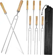 8Pcs Stainless Steel BBQ Skewers with Wooden Handles Double Single Headed Forks for Grilling for Outdoor Cooking Camping and Picnics