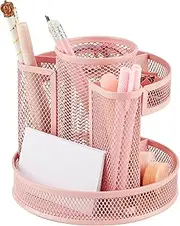 Annova Mesh Desk Organizer Rotate with 6 Compartments Round Spinning Tidy Candy/Pen Holder Desk Accessories Office, Art Supply, Storage, Classroom, Home (Light Pink)