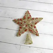 Christmas Tree Topper Metal Star Gold Glitter Red Bulbs 9" Full Size