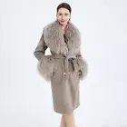 2024 Women Cashmere Wool Coat Fluffy Mongolian Fur Collar Long Coat Overcoat