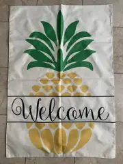 NEW Summer Fun Festive WELCOME FLAG Pineapple Graphic Burlap Fabric Lg 39”x 27”