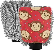 Cute Monkey Polka Dots Red Wash Mitt for Car Washing Soft Scratch Free Car Detailing Supplies Scrub Pad Absorbent Microfiber Chenille, Large x 2 Pack