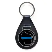 Law Enforcement Thin Blue Line Wisconsin State Black Leather Keychain Silver