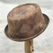 [LINCYS] Fashion Men Leather Pork Pie Hat Gentleman Flat Fedora Hat Jazz Hat