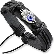 [Soul Statement] Men's Evil Eye Black Hamsa Hand Bracelet for Men, Brown Leather Wrap Adjustable Handmade String Bracelet