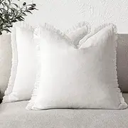 Foindtower Set of 2 Decorative Linen Fringe Throw Pillow Covers Cozy Boho Farmhouse Cushion Cover with Tassels Soft Accent Pillowcase for Couch Sofa Bed Living Room Home Decor, 26×26 Inch, Cream White