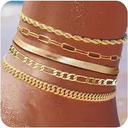 [PLOMFOV] Plus Size Ankle Bracelets for Women 14k Gold Plated Waterproof Cuban Link Figaro Rope Chain Anklets Set Summer Beach Foot Jewelry