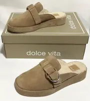 DOLCE VITA Mules Womens Size 6.5 Astor Plush Flats Clogs Beige Suede Metal Ring