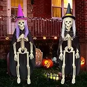 Pomefar Halloween Decoration - 2PCS 40CM Full Body Skeleton With Witch Hat and Cloak, Movable Joints for Indoor Outdoor Decor