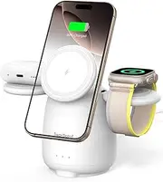 Wireless Charging Station for MagSafe, SwanScout 707M, 3 in 1 Magnetic Wireless Charger Stand for iPhone 16/15/14/13/12, 5W Fast Charger for Apple Watch Series 10/9/8/7,Airpods (White)