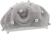 [GAXIRE] British Beret Hat with Faux Pearl Vintage Women Beanie Cap Comfortable Imitation Wool for Cold Weather Classic Design Outfit Light Grey
