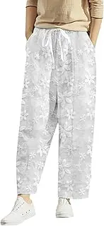 [Generic] Womens Summer Linen Pants Lace Flowy Drawstring High Waist Pants Lightweight Loose Comfy Casual Trousers Pockets 2025