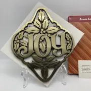 Vintage AVON Holiday Christmas 'HOLLY & JOY' Heavy Cast Iron Brass Finish Trivet