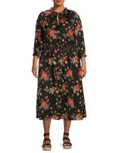 Terra & Sky Black Floral Peasant Midi Dress Plus Size 4X NWT