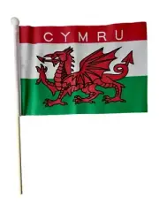 CYMRU WALES HAND WAVING FLAG medium 9" X 6" wooden pole flags WELSH CARDIFF