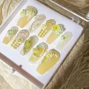 10-Pack Yellow Plaid Nail Stickers Manicure Fake Nails Multifunctional Daily Artificial Nails