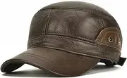 [LAIFEKE] Retro Mens Genuine Leather Earflaps Hat Fleece Lining Cadet Hat Adjustable Military Hat Flat Cap Casquette