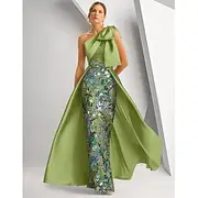 Green Blue A-Line Evening Gown Elegant Dress Beach Wedding Formal Wedding Floor Length Sleeveless One Shoulder Satin with Bow(s) Slit Embroidery 2025