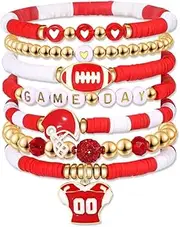 Game Day Bracelets for Women Football Bracelets Red Black Blue Clay Beaded Stretch Bracelets Elastic Layered Friendship Bracelets Stackable Sports Football Charm Bracelet Football Accessories Outfits