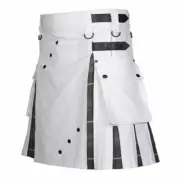 Men's White Hybrid Utility Scottish Leather strap Kilt Tartan Inner Pleats Kilts