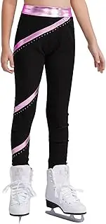 [Hedmy] Girls' Ice Skating Tights Metallic Shiny Rhinestones Active Leggings Pants for Figure Skating Training