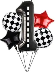 WODJR 5Pcs Racing Car Balloon Set - Fast One Party Decoration With Number 1, Checkered Star, and Black White Balloons for Race Car Decor and 1st Birthday