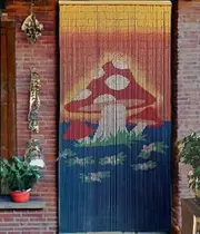 Beaded String Natural Bamboo Wood Beaded Curtain-90 Strands-Boho Door Beads-Bohemian Doorway Curtain-35.5" W x 80" H-Hand Made-Hand Painted (Mushroom)