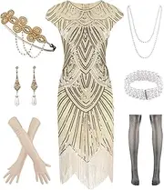 [WILDPARTY] 1920s Women Flapper Dress Sequin Cocktail Dress Vintage Beaded Fringed Dress with Roaring 20s Accessories Set
