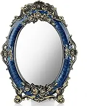 JUXYES Small Tabletop Dressing Mirror Vintage Metal Desktop Mirror with Stand, Antique Embossed Roses Countertop Makeup Mirror Retro Oval Cosmetic Decorative Mirrors for Table Centerpieces