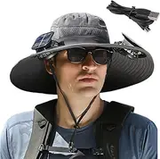 [AMIITRY] Solar Fan Hat, Wide Brim Sun Hat with 2 Solar Fan, Hat with Solar Fans Built in, Fishing Hat with Fan for Men, Waterproof Outdoor Hiking Camping Fishing Hat Grey, Grey
