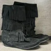 Minnetonka 3 Layer Womens Fringe Moccasin Boots - NIB (Black) - Multiple Sizes!