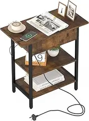Ufurniture Side Table with Charging Station, Flip Top End Table with Power Outlets & USB Ports, Narrow Bedside Table with Storage Shelf for Living Room, Bedroom Small Place, Walnut