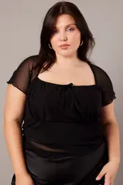 Black Mesh Top Short Sleeve Square Neck Ruched Front