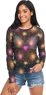 [RPLIFE] Vibrant Hearts Fireworks Black Mesh Shirt, Long Sleeve Sequin Tops for Women Party S-XXL