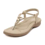 Nevenka Bohemian Beaded Sandals with Ankle Elastic Band Flat Flip Flops-Apricot