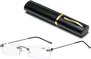 Lanomi Mini Frameless Reading Glasses Blue Light Filter Slim Women Men Ultralight Rectangle Rimless Reading Aid Small Glasses with Metal Case, black, S
