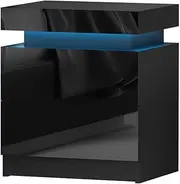 [Artiss] Bedside Table RGB LED Black High Gloss with 2 Drawers and Lift Up Storage Nightstand, Bedroom Furniture, Bed End Side Cabinet Narrow Space Organiser Unit Living Room Home