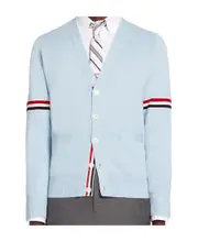 striped-detail V-neck cardigan 2,3,4 light blue