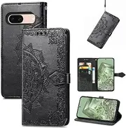 [SATURCASE] Case for Google Pixel 8A, Mandala Embossing PU Leather Flip Magnet Wallet Stand Card Slots Protective Cover with Hand Strap for Google Pixel 8A (MA-Black)