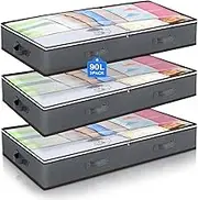3-Pack 90L Under Bed Shoe Storage Bags,Containers for Underbed Organiser Clothes, Blankets, Jumpers, and Toys with Reinforced Handles and Clear Window - Perfect Space-Saving Solution for Homes