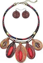 [JHWZAIY] Chunky African Jewelry Statement Necklace For Women Tribal Fashion Costume Earring Set Unique Rhinestone Crystal Gold Wire Wrapped Big Wood Pendent Collar Choker Bib Handmade