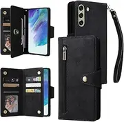 [YocoverTech] for Samsung S21 FE 5G Case,for Galaxy S21 FE 5G Wallet Case[6 Card Slots and 1 Zipper Coin Pocket] PU Leather Stand Flip Cover with Wrist Strap[6.4 inch]-Black