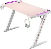 RGB Light Pink White Gaming Desk Z Shaped with Cup Holder Headphone Holder, Ergonomic, Workstation Computer Desk Carbon Fibre Textured, Stable Structured Frame, Anti-Slip Foot Pad (120cm)