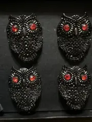 BLACK OWL NAPKIN RINGS SET OF 4 TAHARI RHINESTONE BLACK TONE W/ RED EYES New