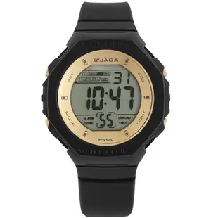 JAGA 捷卡 / M1235-A / 八角型 電子運動 計時碼錶 鬧鈴 防水100米 橡膠手錶-黑金色/46mm