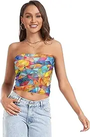[RPLIFE] Stained Glass Tube Tops for Women, Trendy Crop Tops, Sheer Tube Tops, Summer Crop Tops (S)