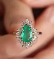 2.43 Ct Pear Cut Natural Emerald Diamond Anniversary Ring 14K solid White gold