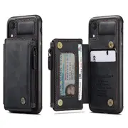 For Apple iPhone XR CaseMe Back Zipper Wallet Case W/ 3 Card Slots, RFID Blocking, 1 Money Pocket, Credit Card Holder Leather Cover (Black)
