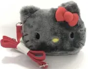 Hello Kitty Sanrio Grey Plush Face Purse With Red Strap