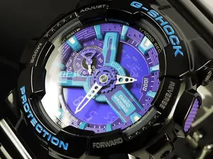 【金台鐘錶】CASIO卡西歐G-SHOCK 雙顯錶 男錶 橡膠錶帶 黑 抗磁 碼錶 (黑藍紫) GA-110HC-1A